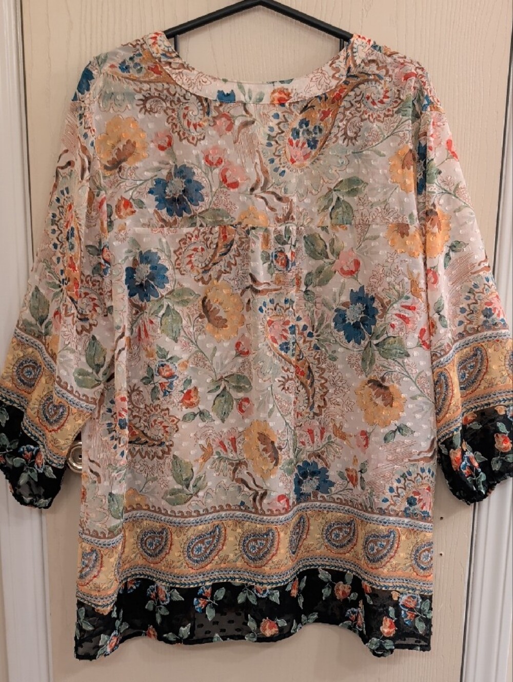 Fig & Flower Boho Border Print Button Down Top 3X Sheer Pleated Floral Paisley - Picture 5 of 11